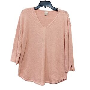 Chicos Women's Pink Ribbed‎ V Neck 3/4 Sleeve Sweater Size 1, Medium